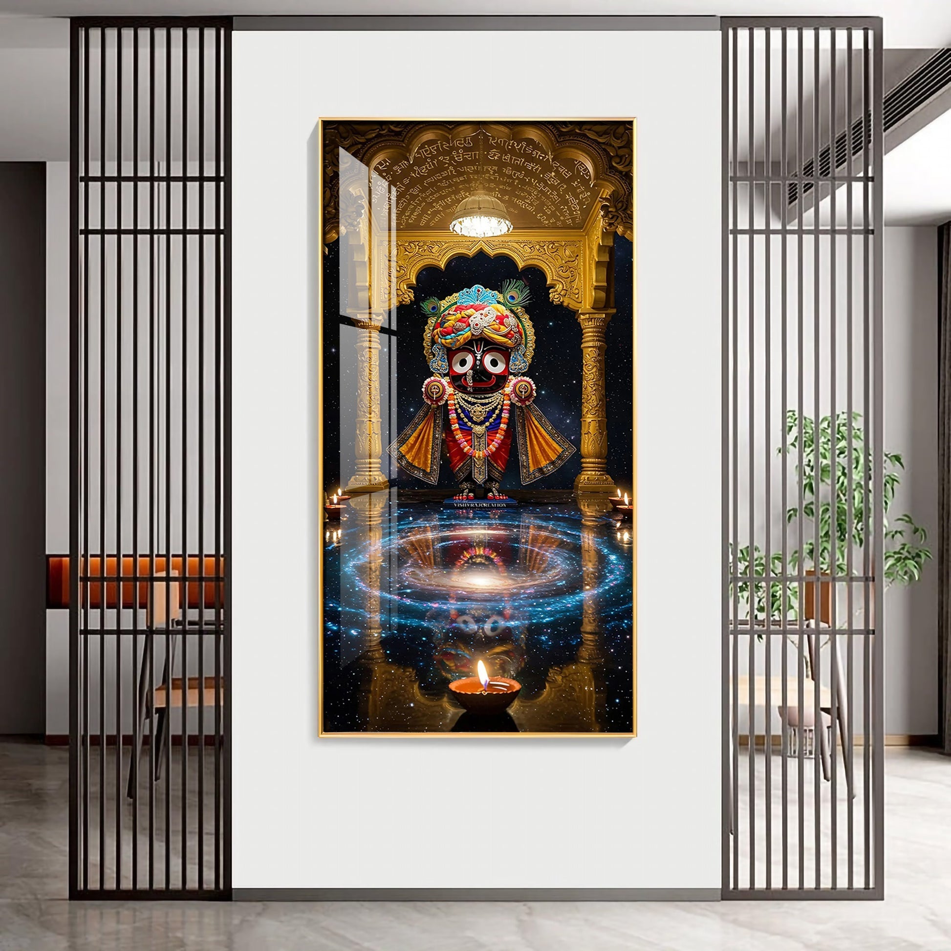 Lord Jagannath divine darbar with temple arch and diya acrylic wall painting for spiritual home decor