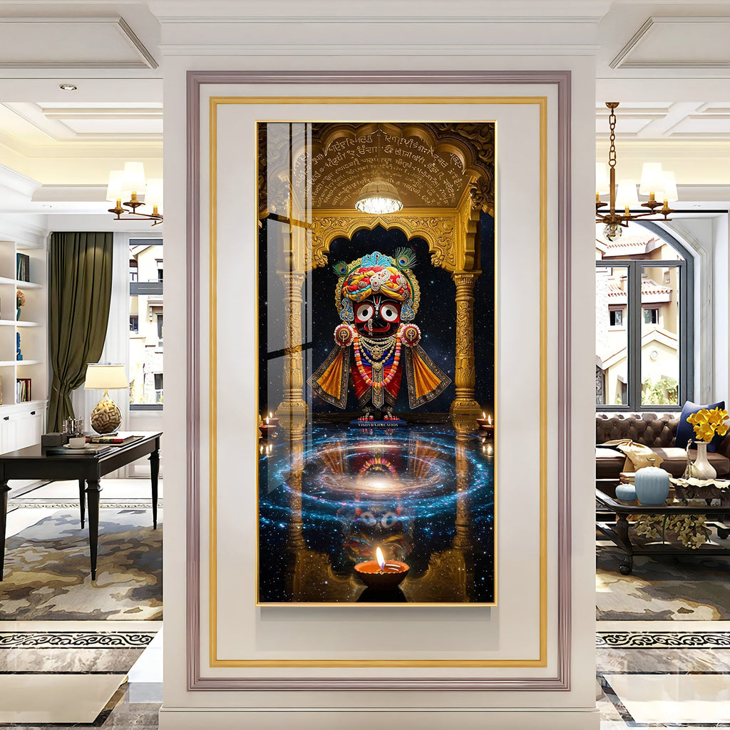 Lord Jagannath divine darbar with temple arch and diya acrylic wall painting for spiritual home decor