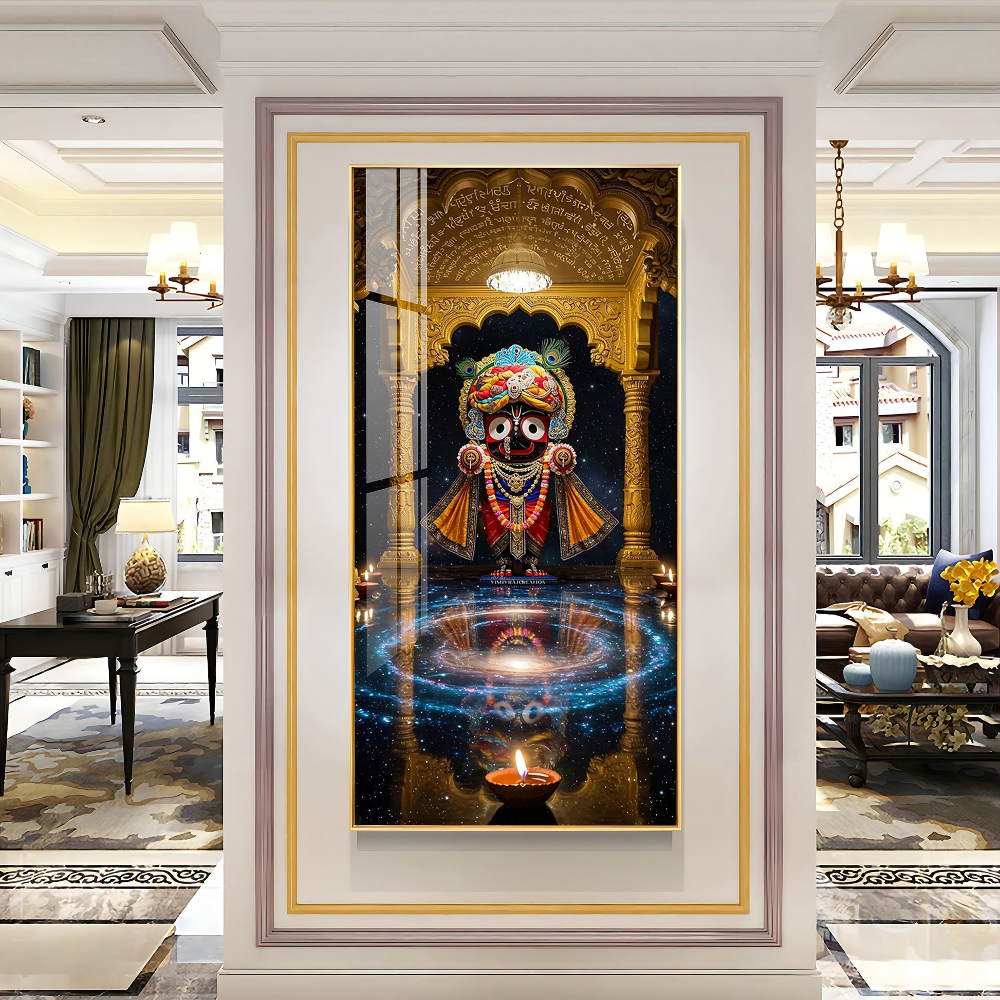Lord Jagannath divine darbar with temple arch and diya acrylic wall painting for spiritual home decor