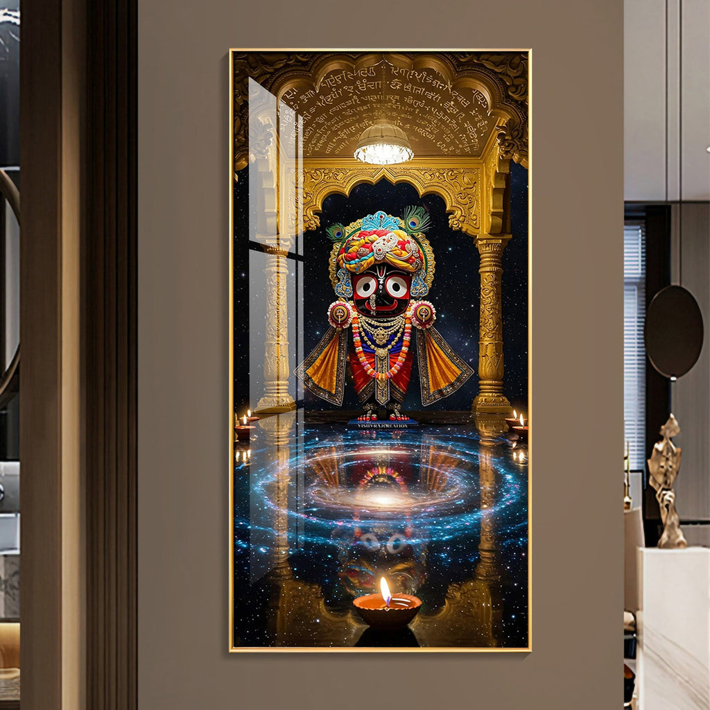 Lord Jagannath divine darbar with temple arch and diya acrylic wall painting for spiritual home decor