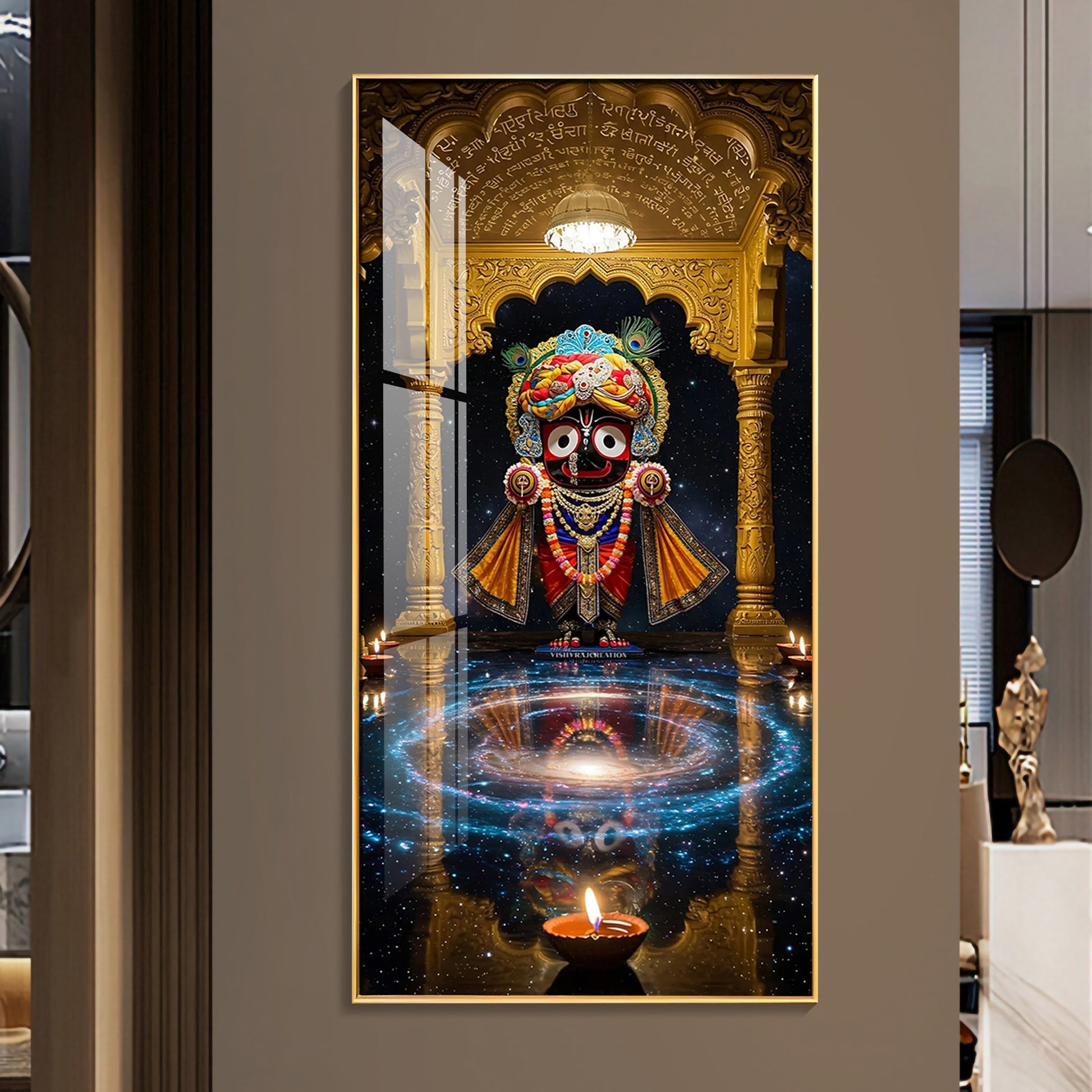 Lord Jagannath divine darbar with temple arch and diya acrylic wall painting for spiritual home decor