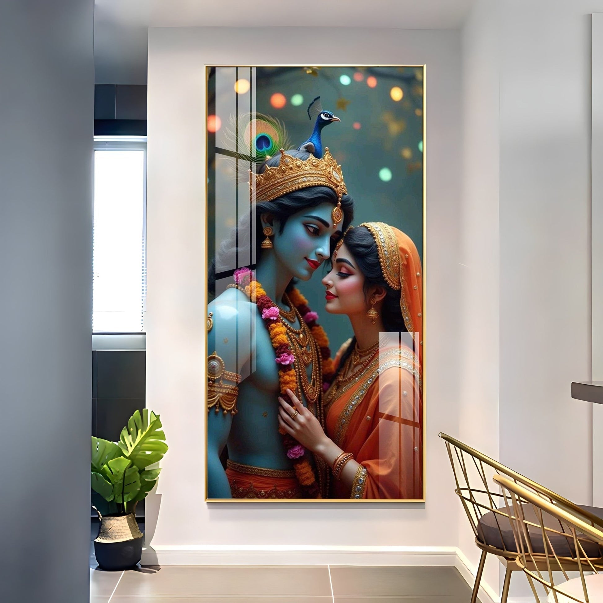 Lord Krishna and Radha intimate devotional artwork elegant acrylic wall painting for living room and bedroom