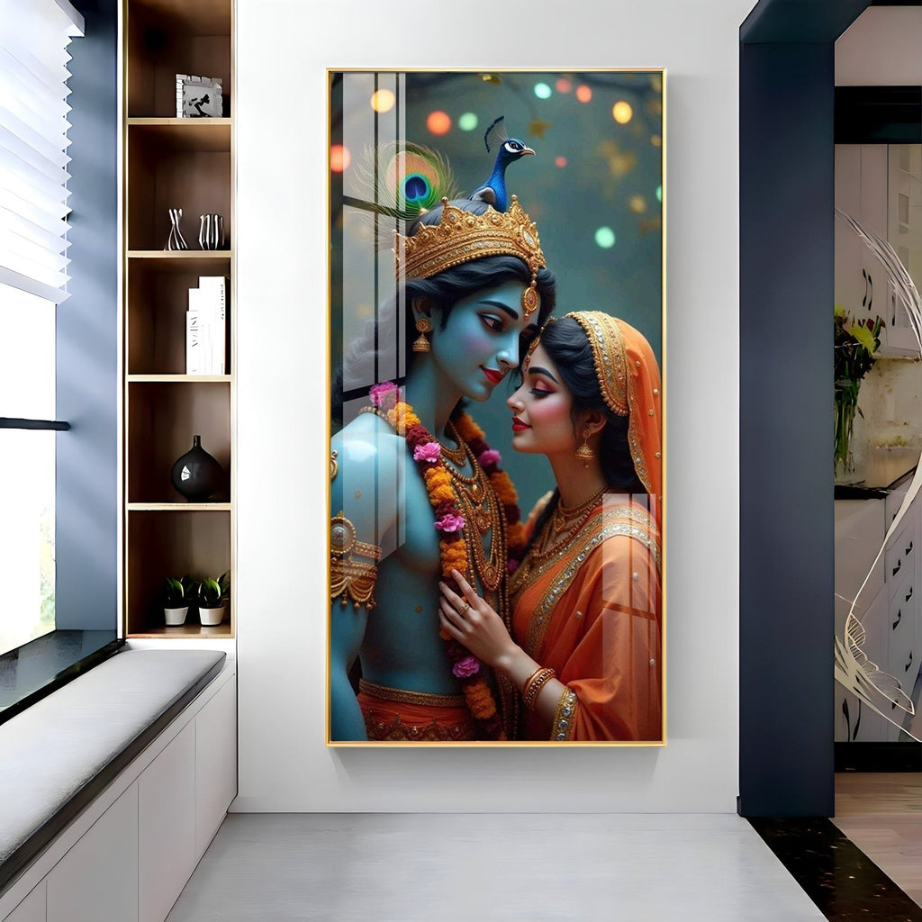 Lord Krishna and Radha intimate devotional artwork elegant acrylic wall painting for living room and bedroom