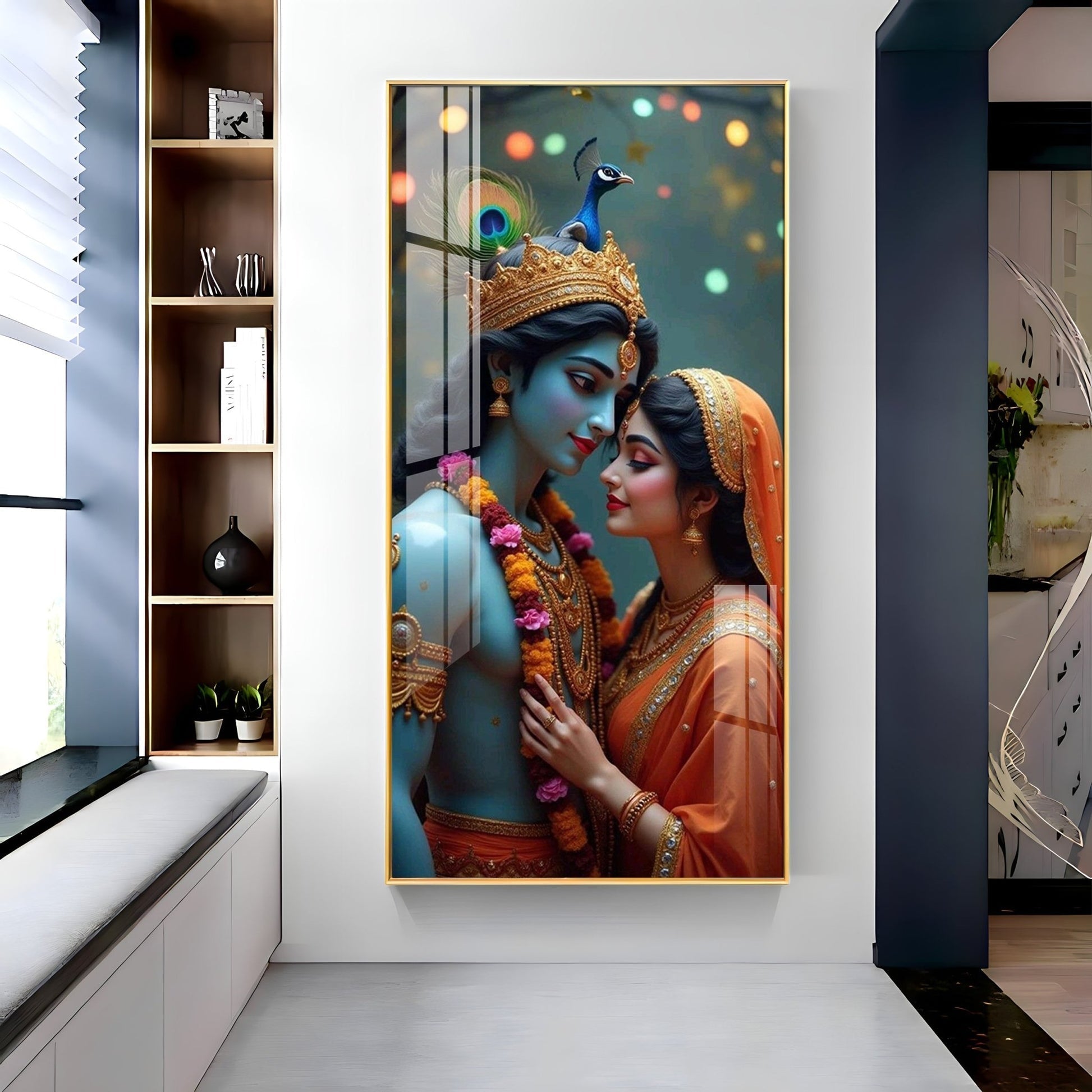 Lord Krishna and Radha intimate devotional artwork elegant acrylic wall painting for living room and bedroom