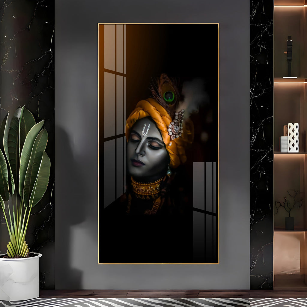 Shree Krishna dark aesthetic devotional artwork acrylic wall painting for living room and pooja room