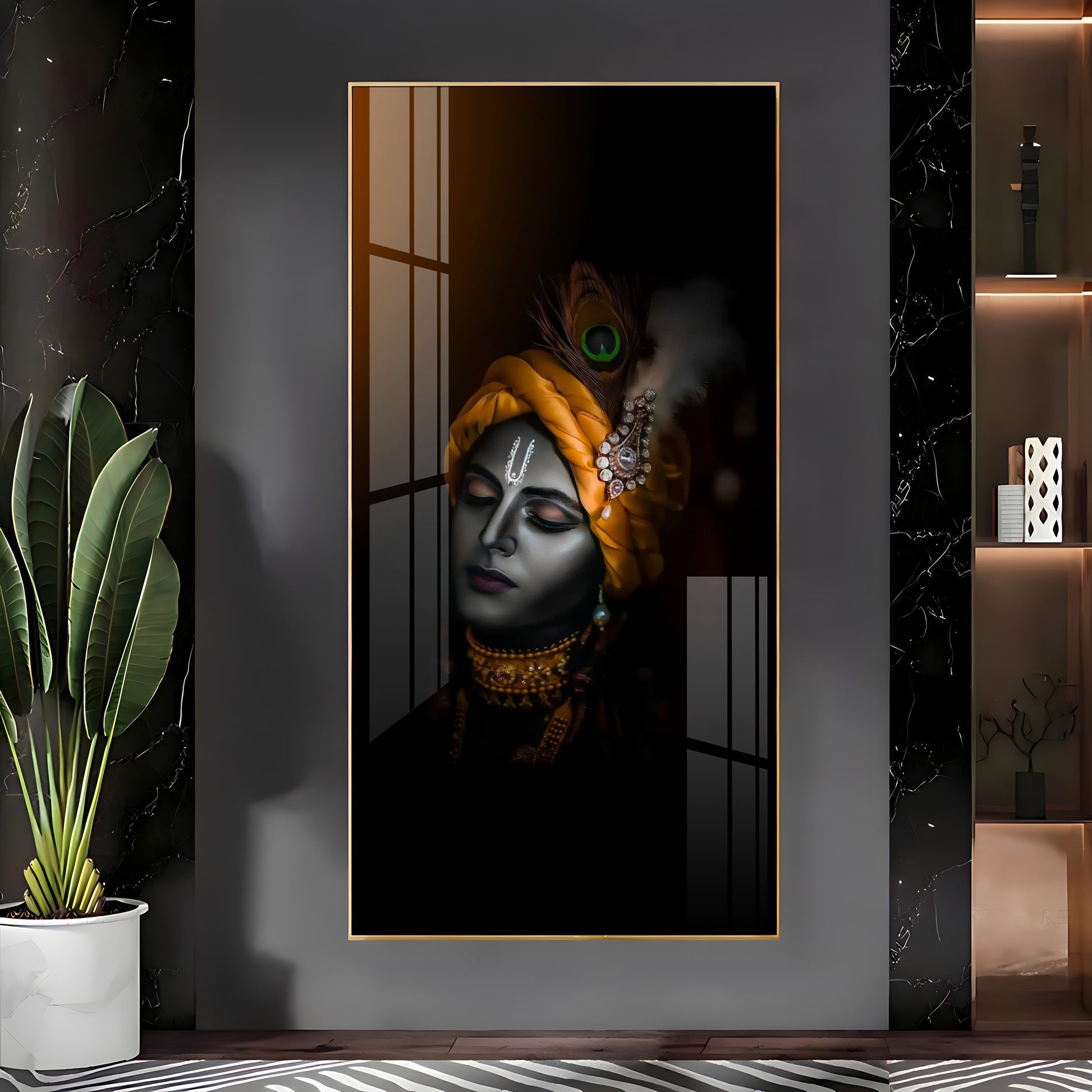 Shree Krishna dark aesthetic devotional artwork acrylic wall painting for living room and pooja room