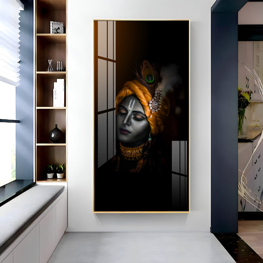 Shree Krishna dark aesthetic devotional artwork acrylic wall painting for living room and pooja room