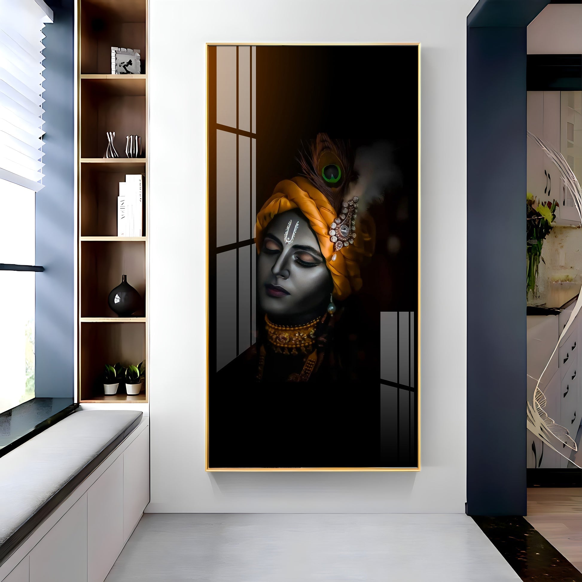 Shree Krishna dark aesthetic devotional artwork acrylic wall painting for living room and pooja room