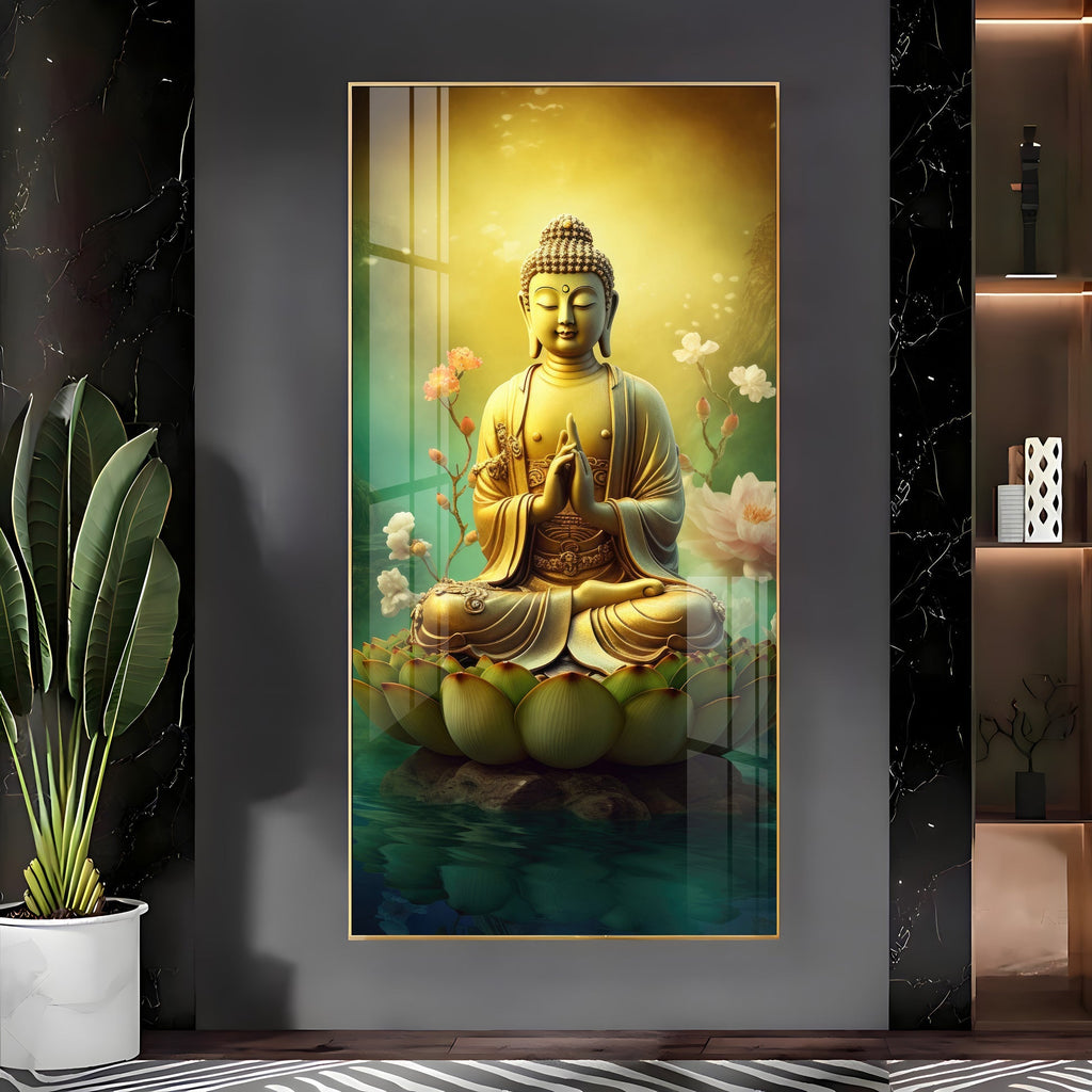 Lord Buddha peaceful meditation art with floral elements acrylic wall painting for luxury wall decor