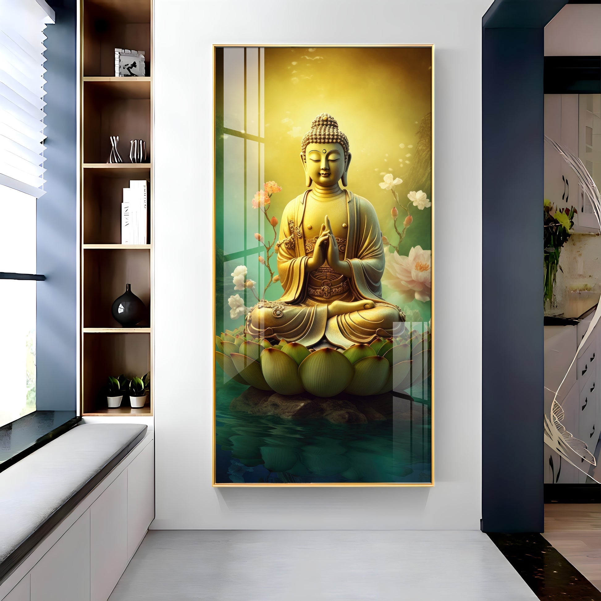 Lord Buddha peaceful meditation art with floral elements acrylic wall painting for luxury wall decor