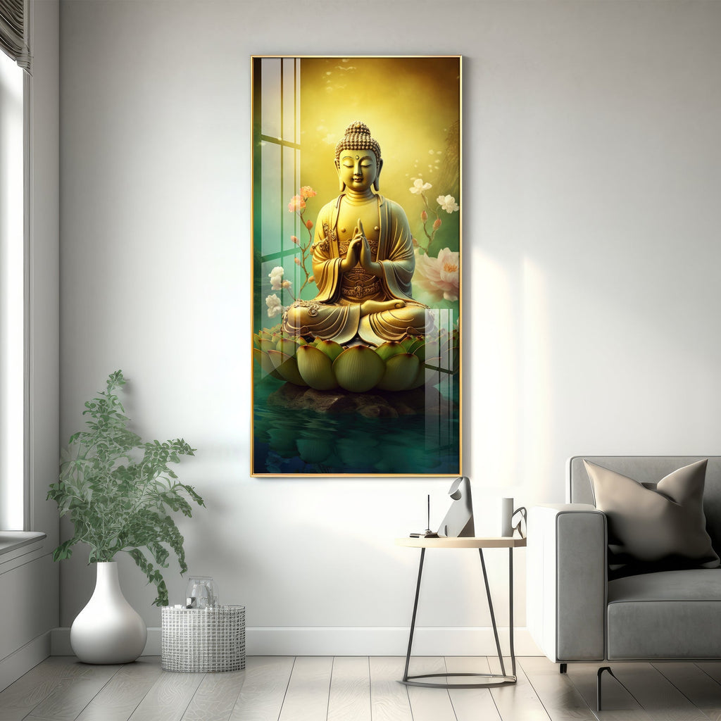 Lord Buddha peaceful meditation art with floral elements acrylic wall painting for luxury wall decor