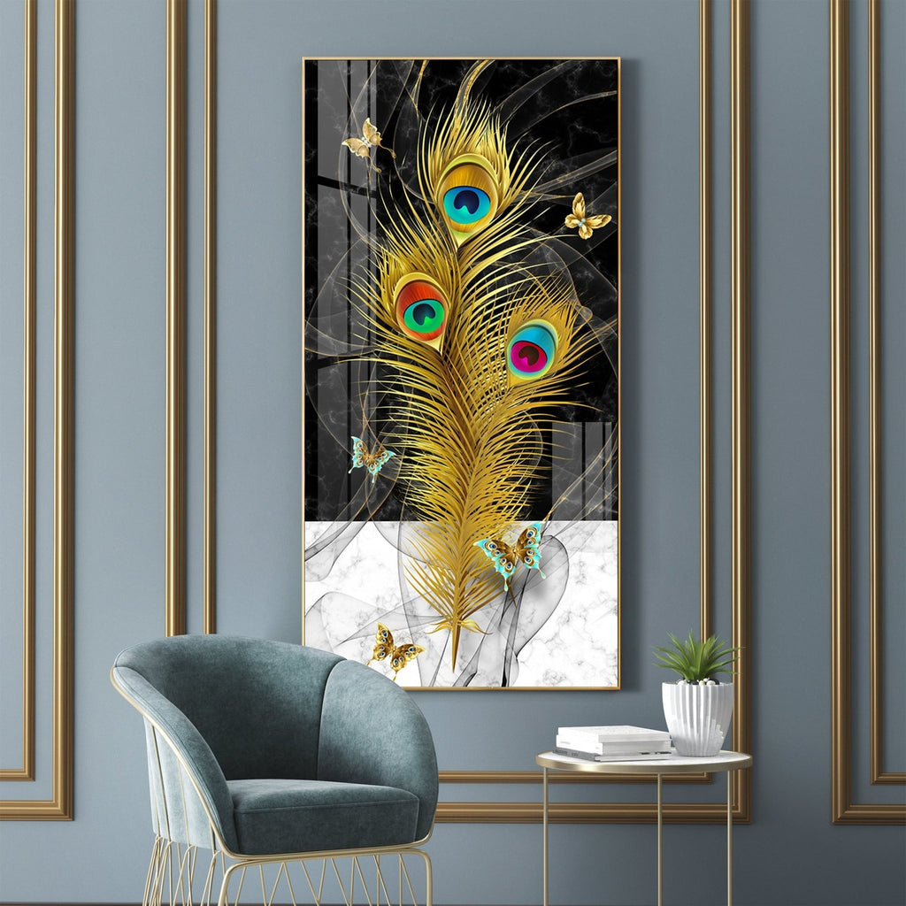 Krishna inspired peacock feather abstract art with black marble background acrylic wall painting for modern interiors
