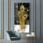 Krishna inspired peacock feather abstract art with black marble background acrylic wall painting for modern interiors