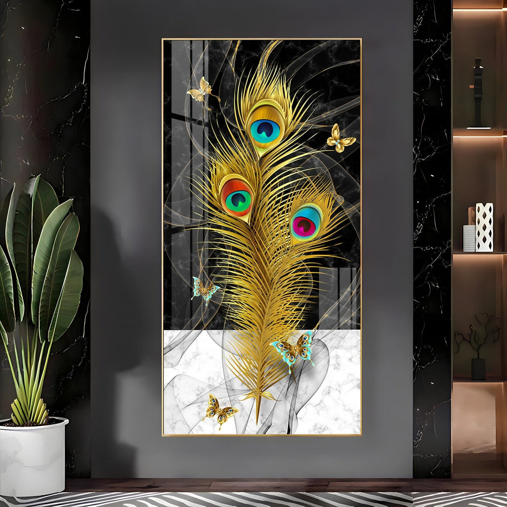 Krishna inspired peacock feather abstract art with black marble background acrylic wall painting for modern interiors