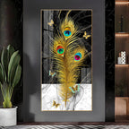 Krishna inspired peacock feather abstract art with black marble background acrylic wall painting for modern interiors