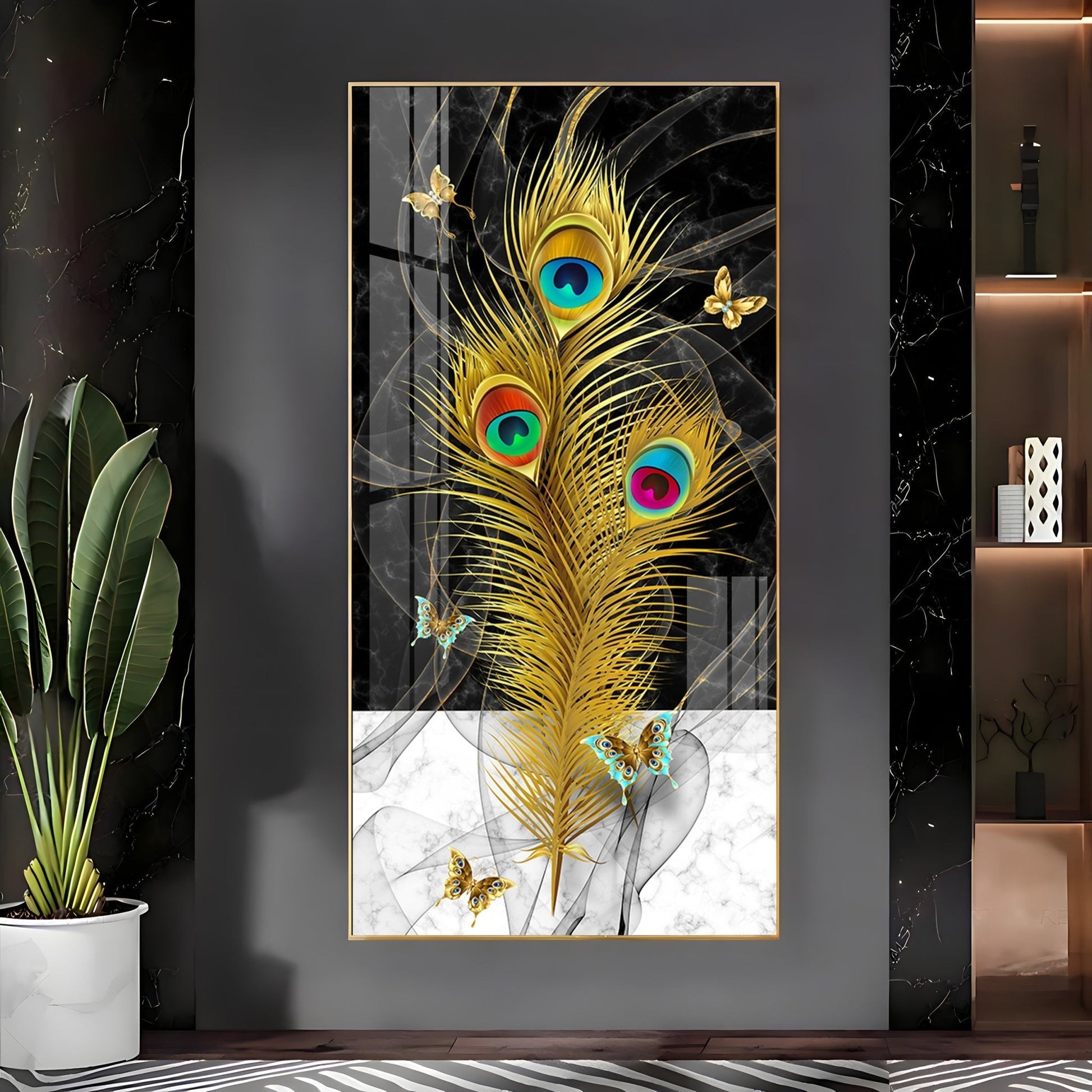 Krishna inspired peacock feather abstract art with black marble background acrylic wall painting for modern interiors