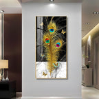 Krishna inspired peacock feather abstract art with black marble background acrylic wall painting for modern interiors