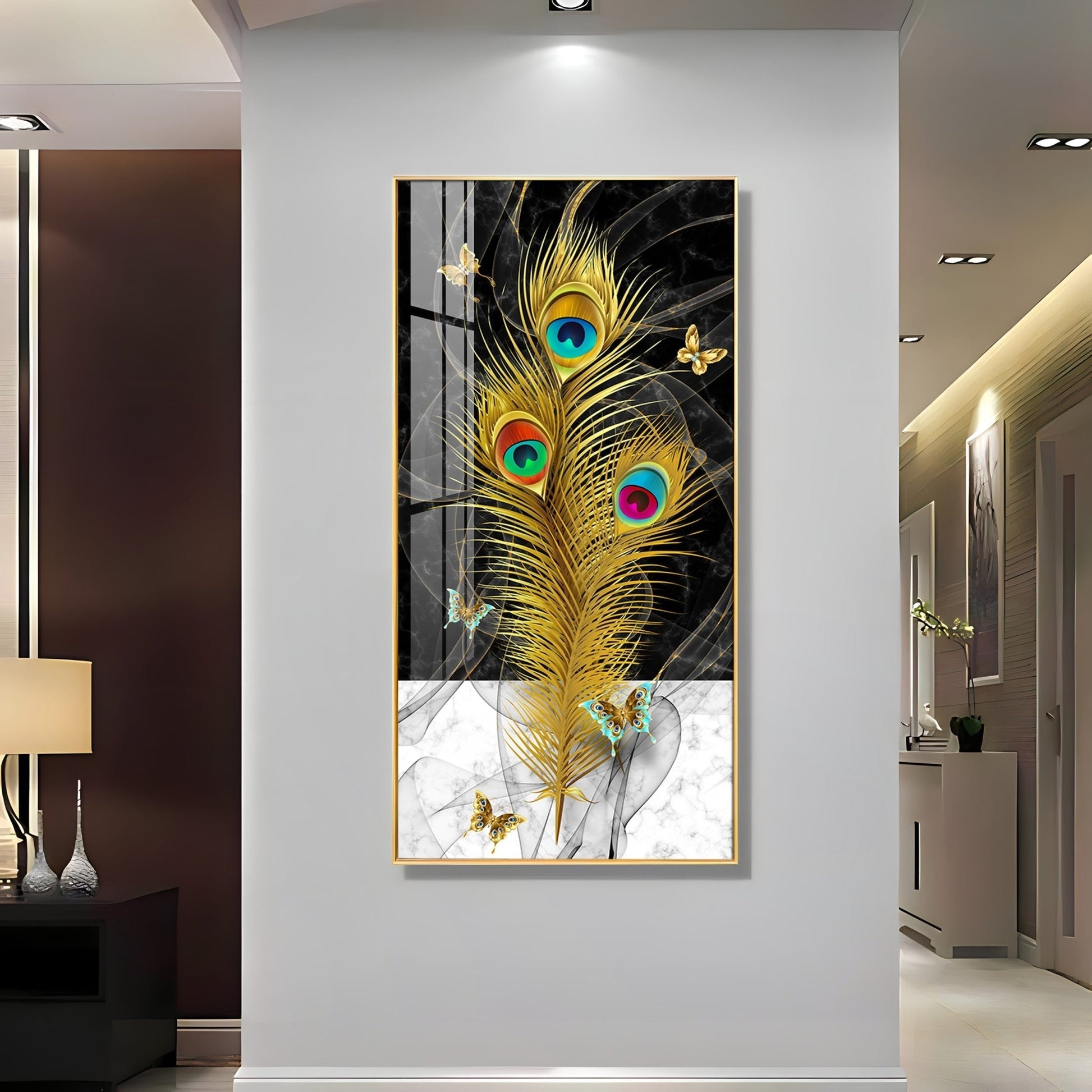 Krishna inspired peacock feather abstract art with black marble background acrylic wall painting for modern interiors