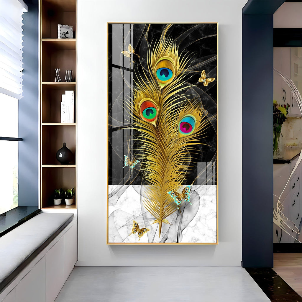 Krishna inspired peacock feather abstract art with black marble background acrylic wall painting for modern interiors