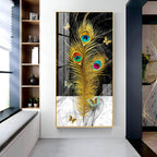 Krishna inspired peacock feather abstract art with black marble background acrylic wall painting for modern interiors