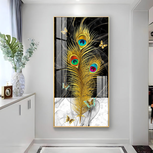 Krishna inspired peacock feather abstract art with black marble background acrylic wall painting for modern interiors