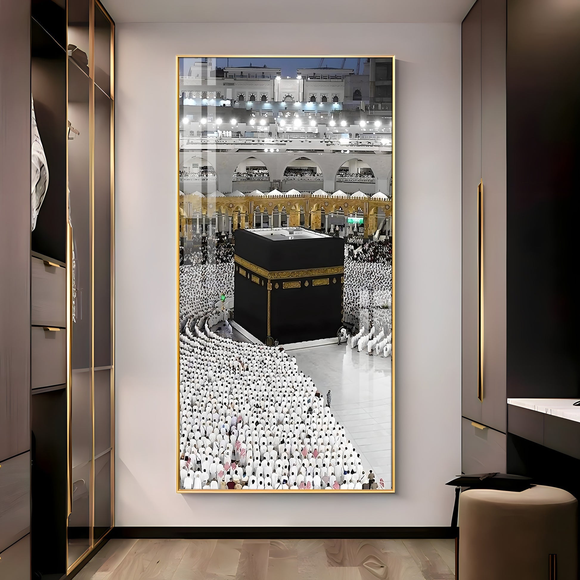 Holy Kaaba in Mecca surrounded by worshippers in white ihram acrylic wall painting for home and prayer room