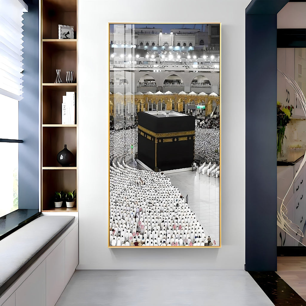 Holy Kaaba in Mecca surrounded by worshippers in white ihram acrylic wall painting for home and prayer room