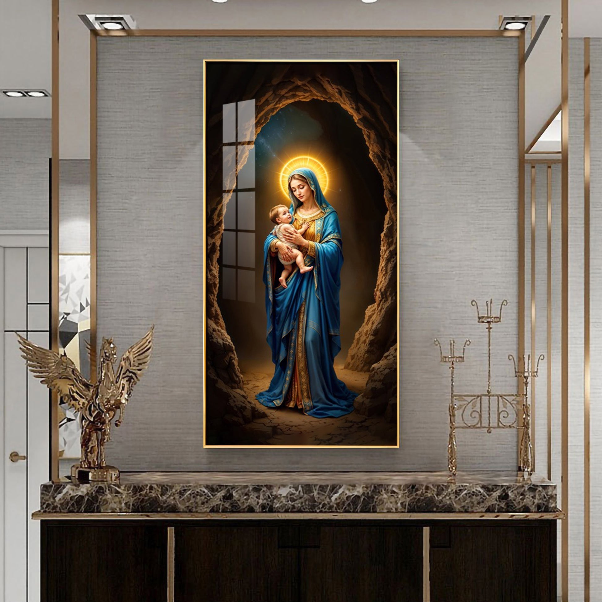 Mother Mary with infant Jesus divine love and blessing artwork acrylic wall painting for prayer room