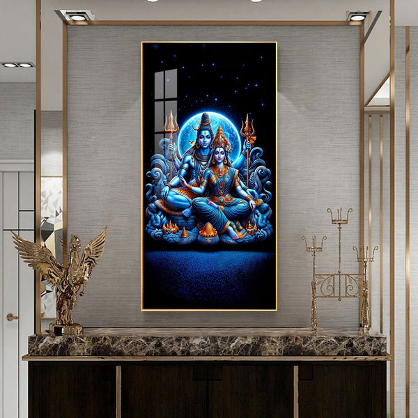 Lord Shiva with Parvati in serene pose with mystical blue energy acrylic wall painting for luxury wall decor
