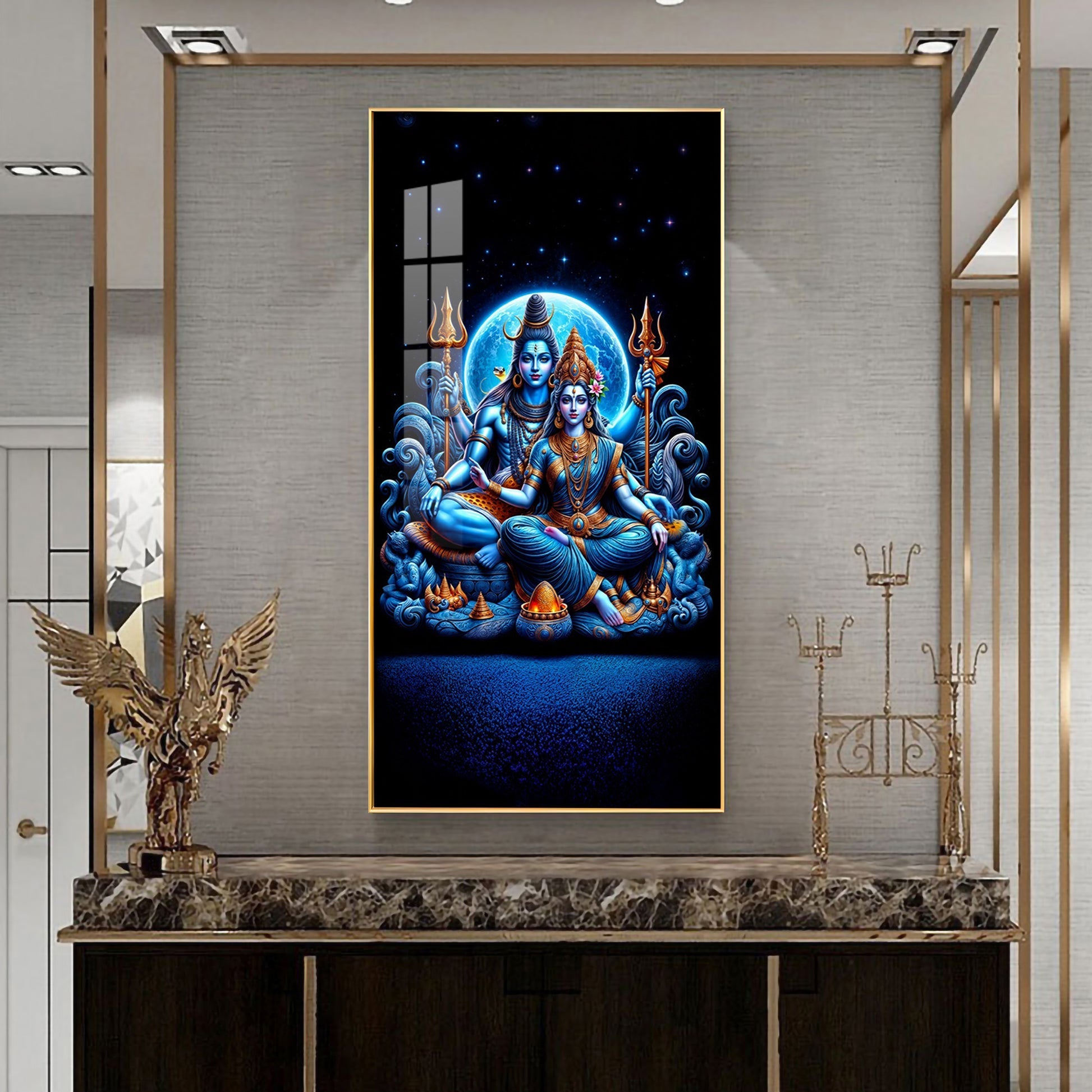 Lord Shiva with Parvati in serene pose with mystical blue energy acrylic wall painting for luxury wall decor