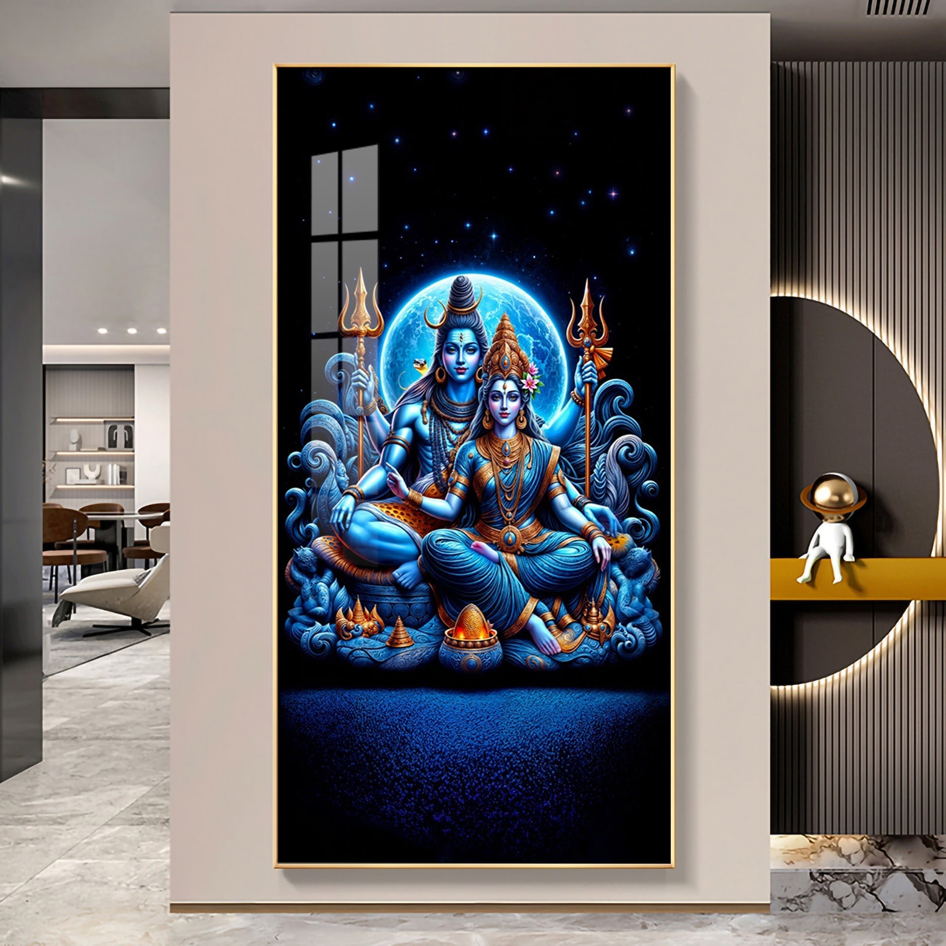 Lord Shiva with Parvati in serene pose with mystical blue energy acrylic wall painting for luxury wall decor