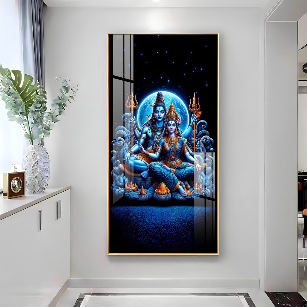 Lord Shiva with Parvati in serene pose with mystical blue energy acrylic wall painting for luxury wall decor