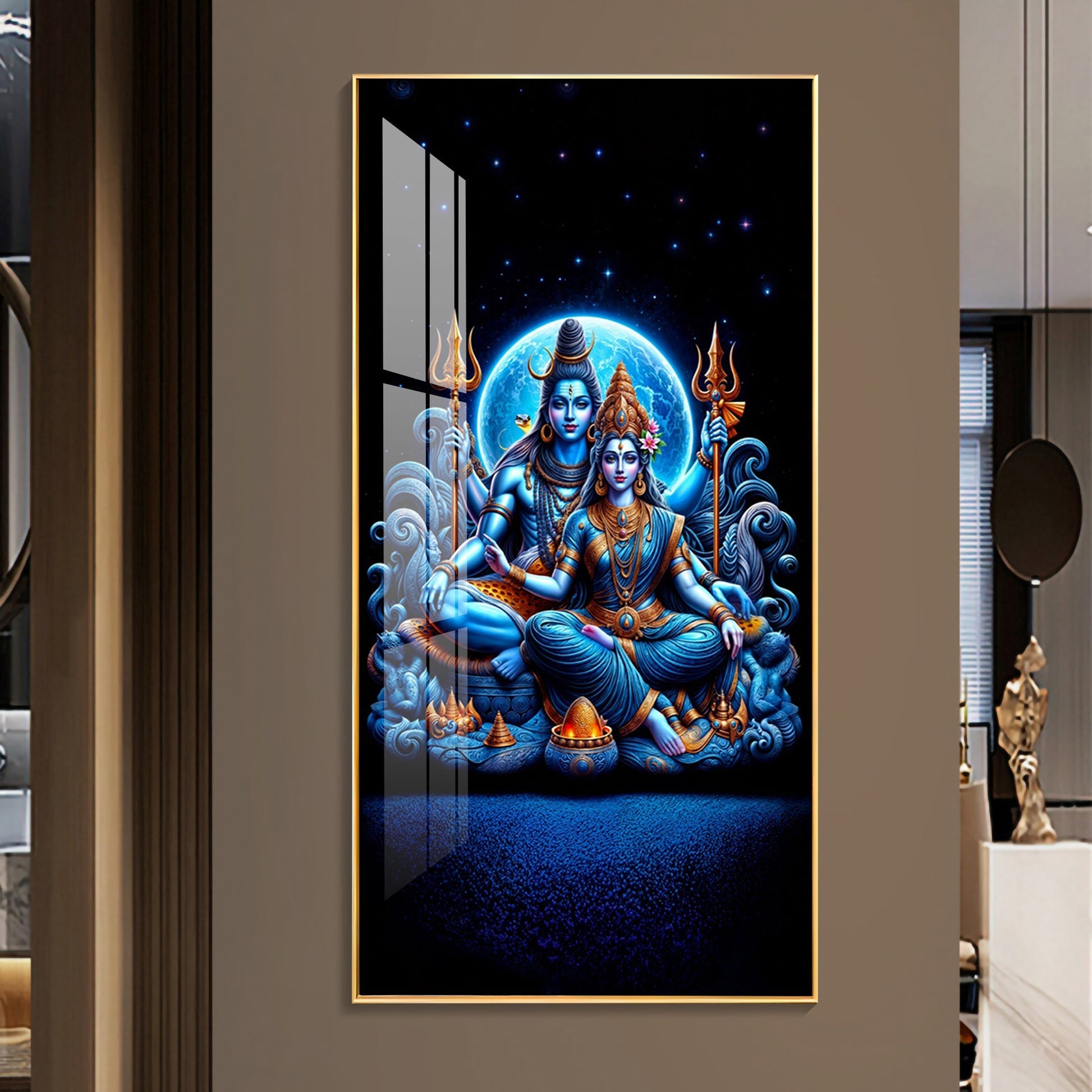 Lord Shiva with Parvati in serene pose with mystical blue energy acrylic wall painting for luxury wall decor