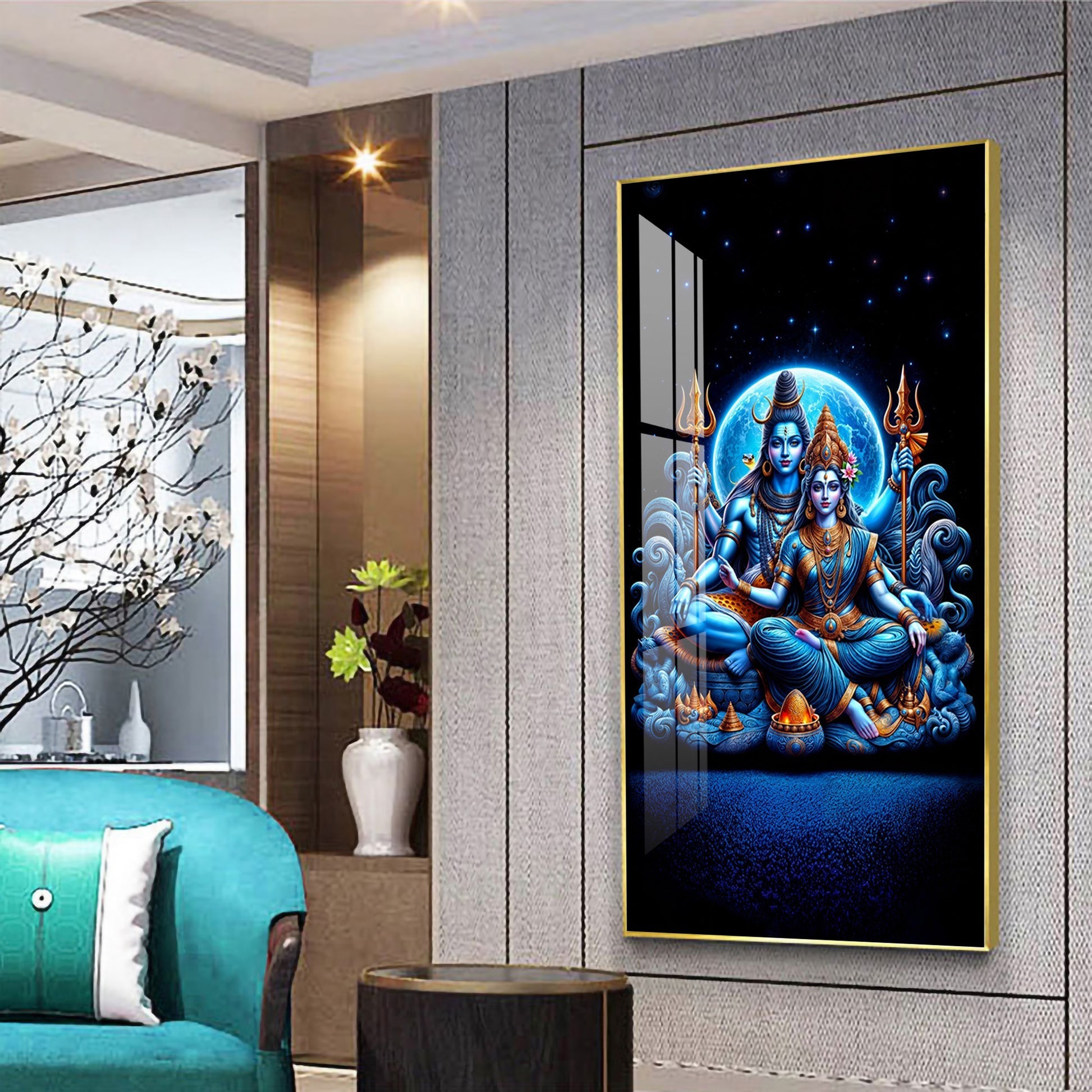 Lord Shiva with Parvati in serene pose with mystical blue energy acrylic wall painting for luxury wall decor