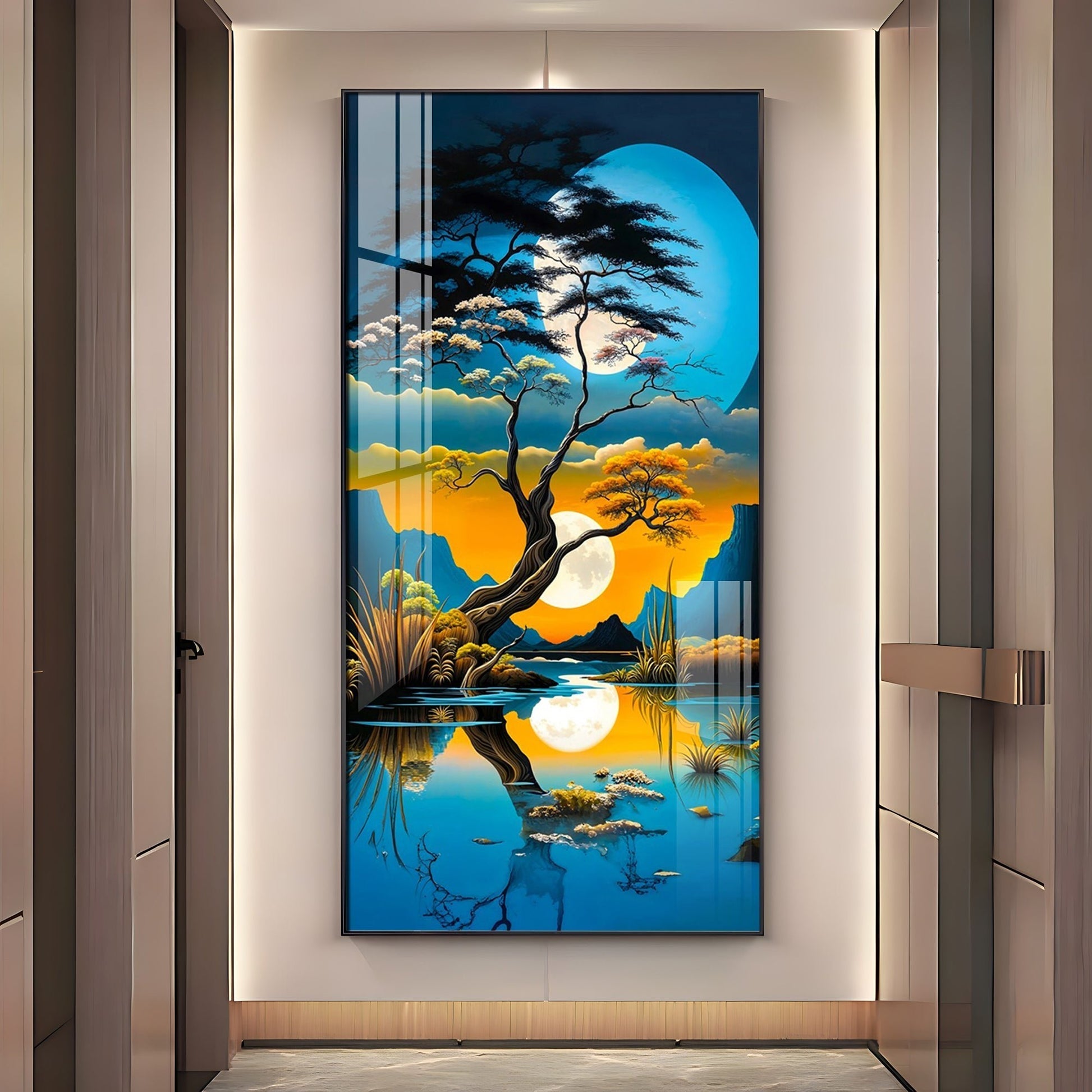 Beautiful Tree Reflection Night Scene Acrylic Wall Painting for Home Decoration