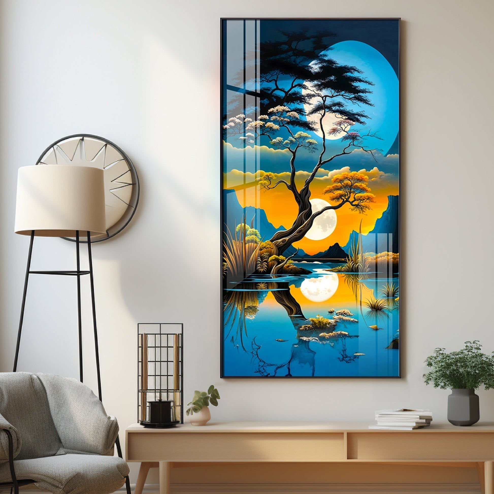 Beautiful Tree Reflection Night Scene Acrylic Wall Painting for Home Decoration