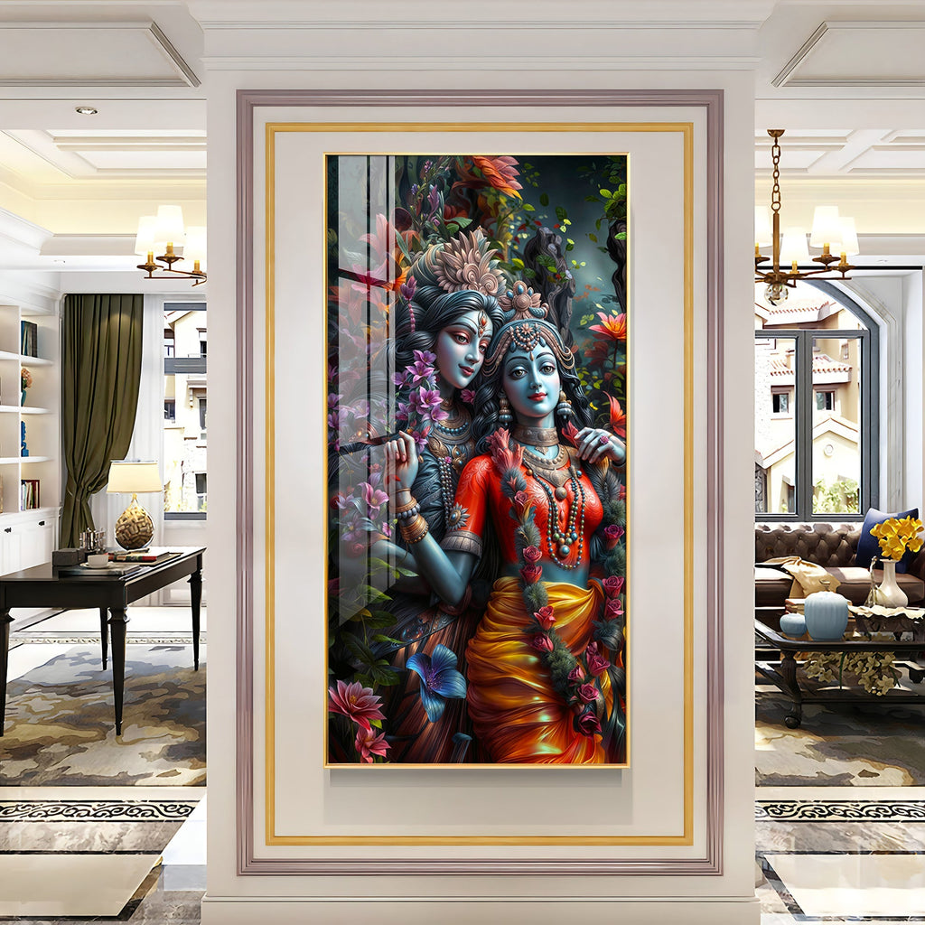 Radha Krishna Divine Couple Floral Acrylic Wall Painting for Home Decoration