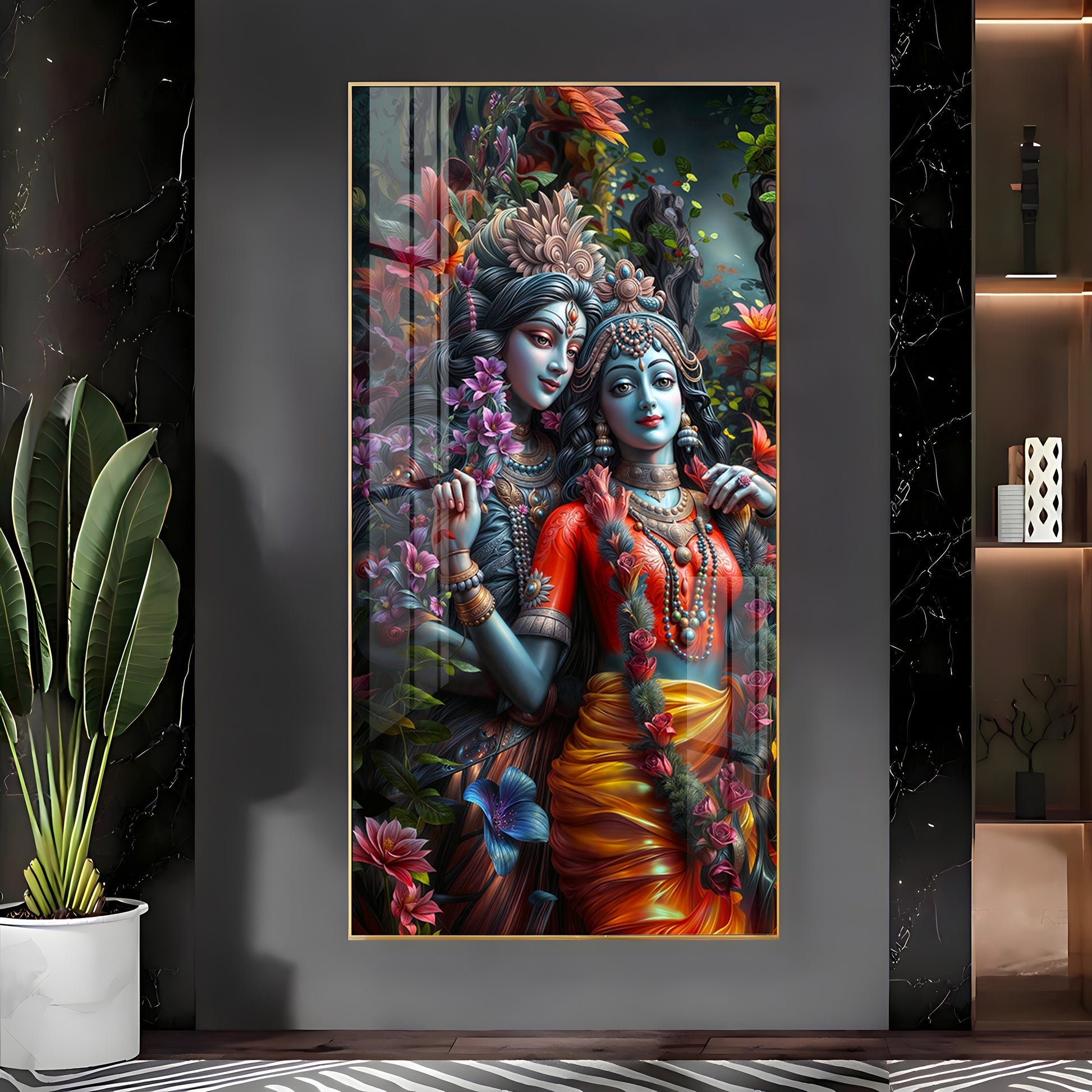 Radha Krishna Divine Couple Floral Acrylic Wall Painting for Home Decoration