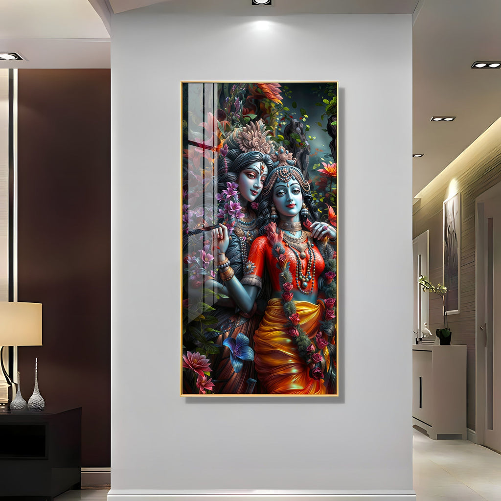 Radha Krishna Divine Couple Floral Acrylic Wall Painting for Home Decoration