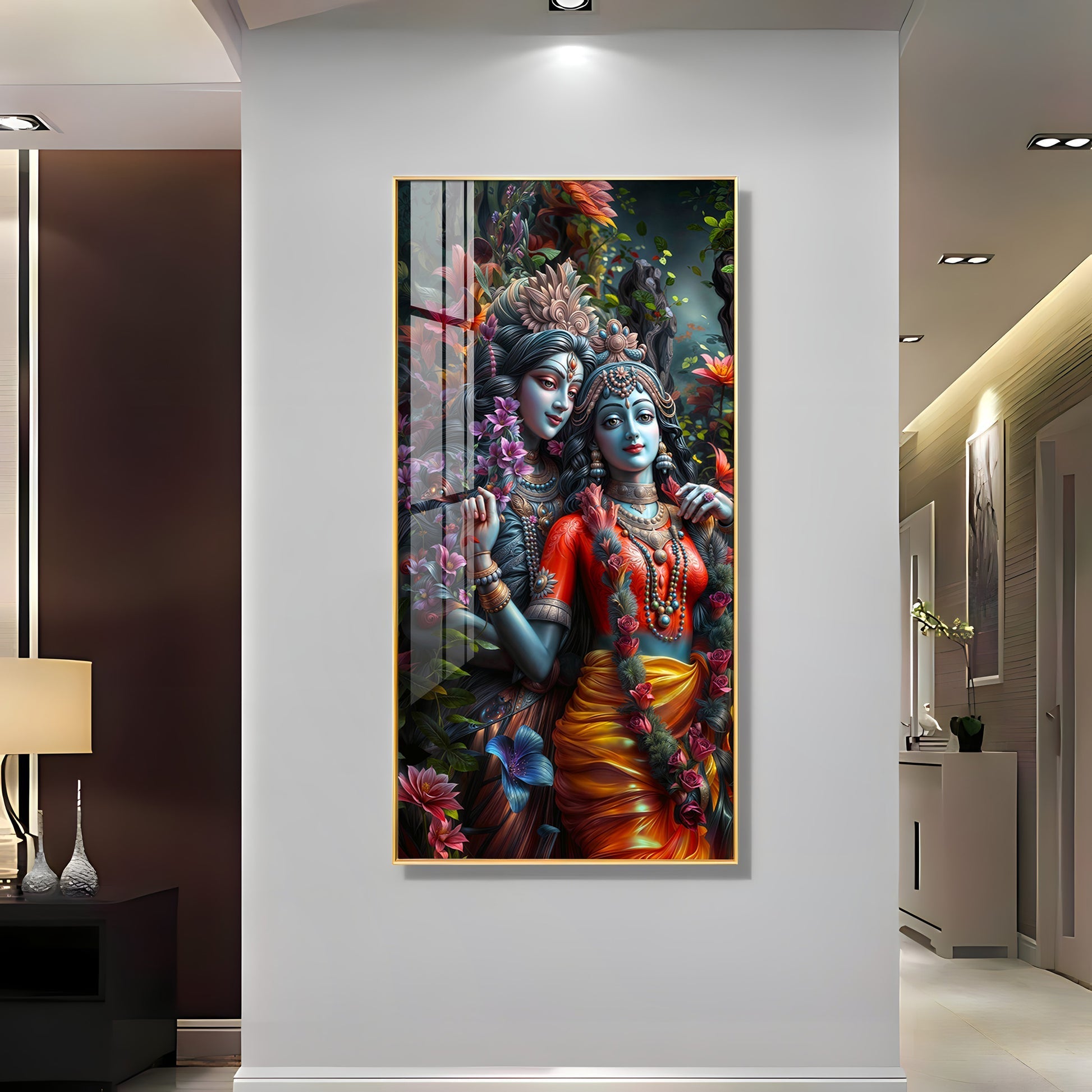 Radha Krishna Divine Couple Floral Acrylic Wall Painting for Home Decoration