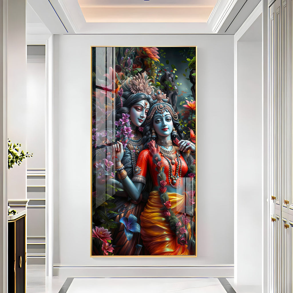 Radha Krishna Divine Couple Floral Acrylic Wall Painting for Home Decoration