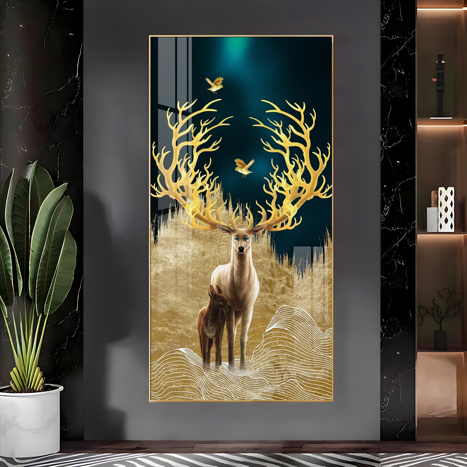 Stylish Golden Deer Artistic Acrylic Wall Painting for Modern Home