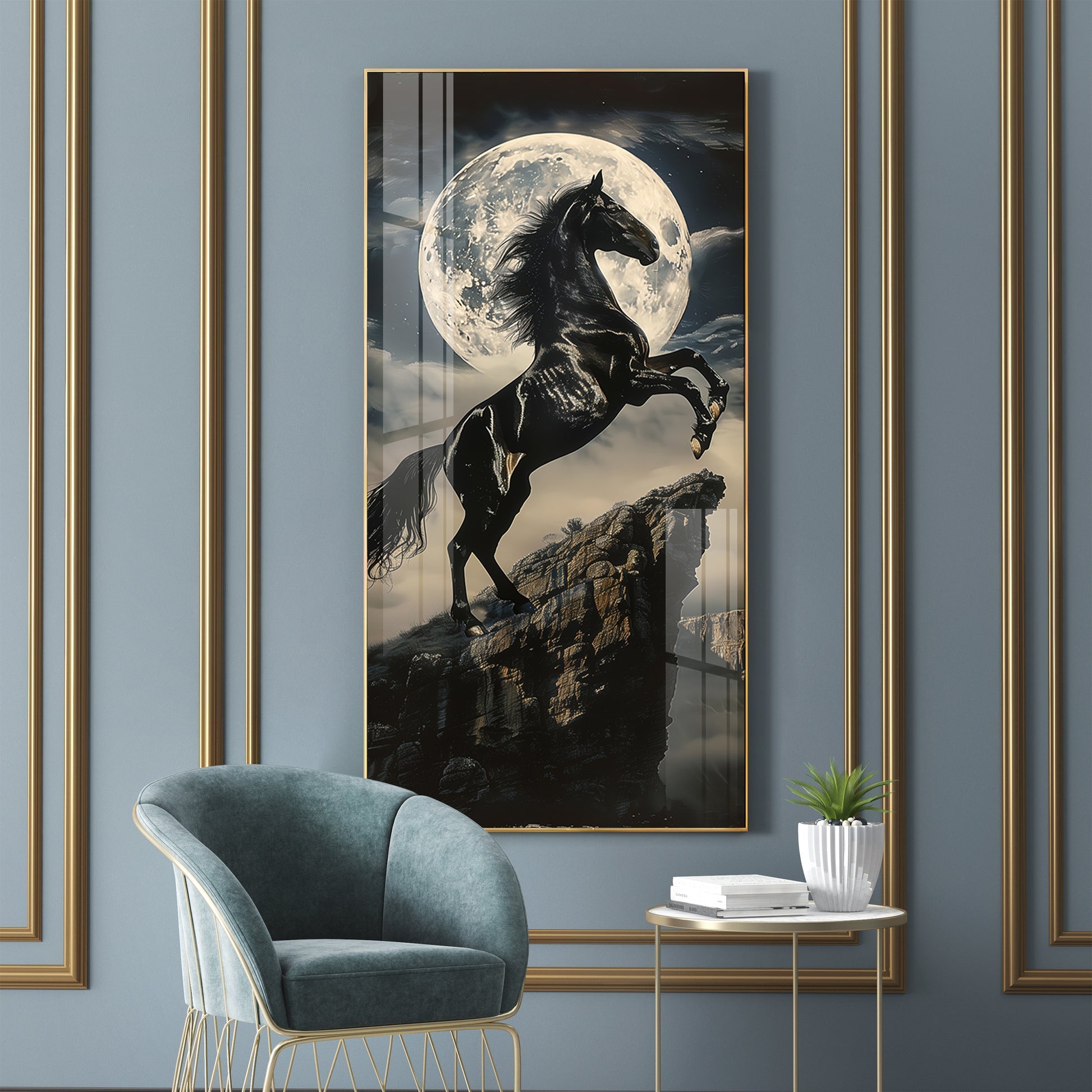 Black Horse Moonlight Scene Acrylic Wall Painting for Modern Home Decor