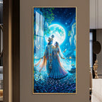Romantic Radha Krishna Full Moon Landscape Acrylic Wall Painting for Wall Art