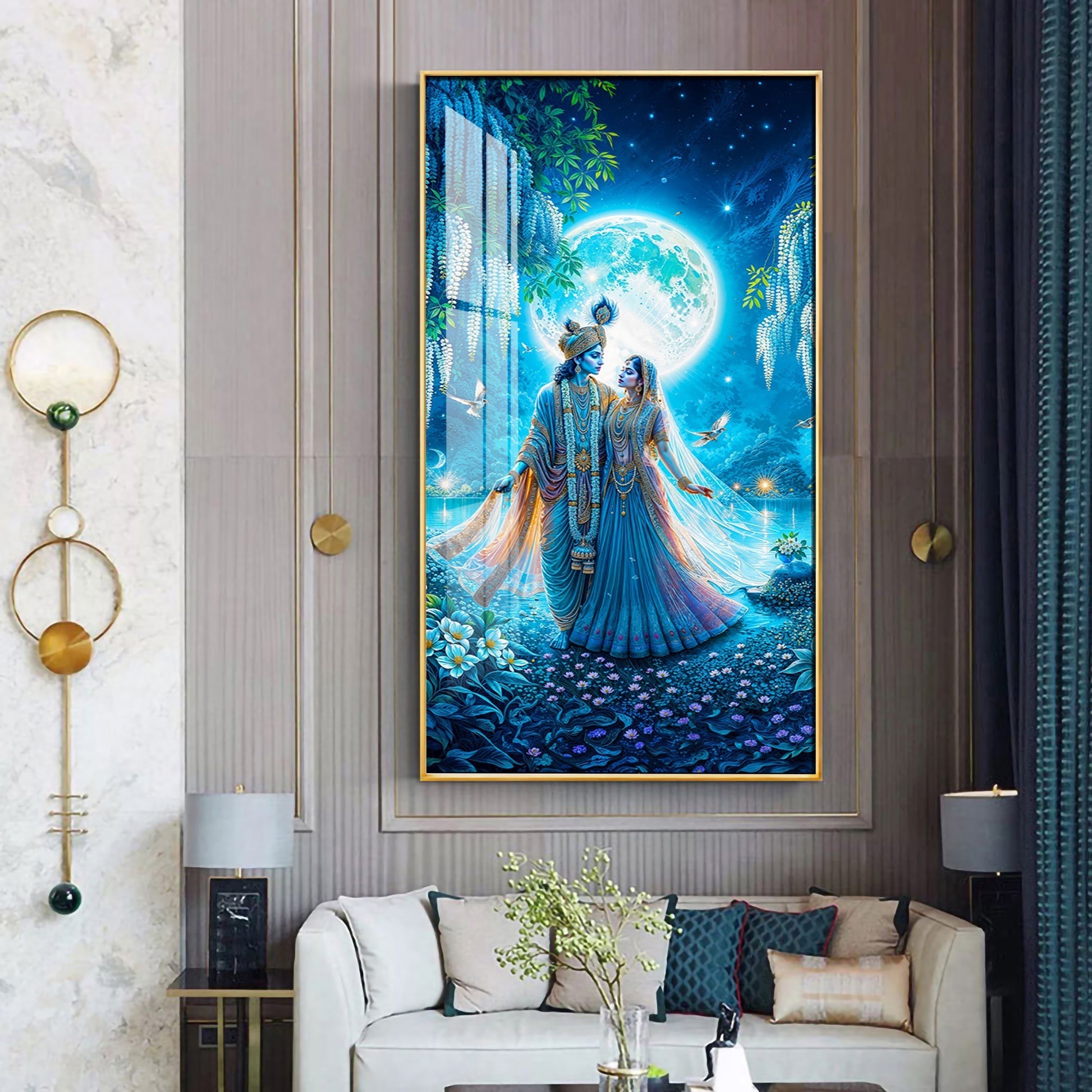 Romantic Radha Krishna Full Moon Landscape Acrylic Wall Painting for Wall Art