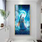 Romantic Radha Krishna Full Moon Landscape Acrylic Wall Painting for Wall Art