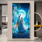 Romantic Radha Krishna Full Moon Landscape Acrylic Wall Painting for Wall Art