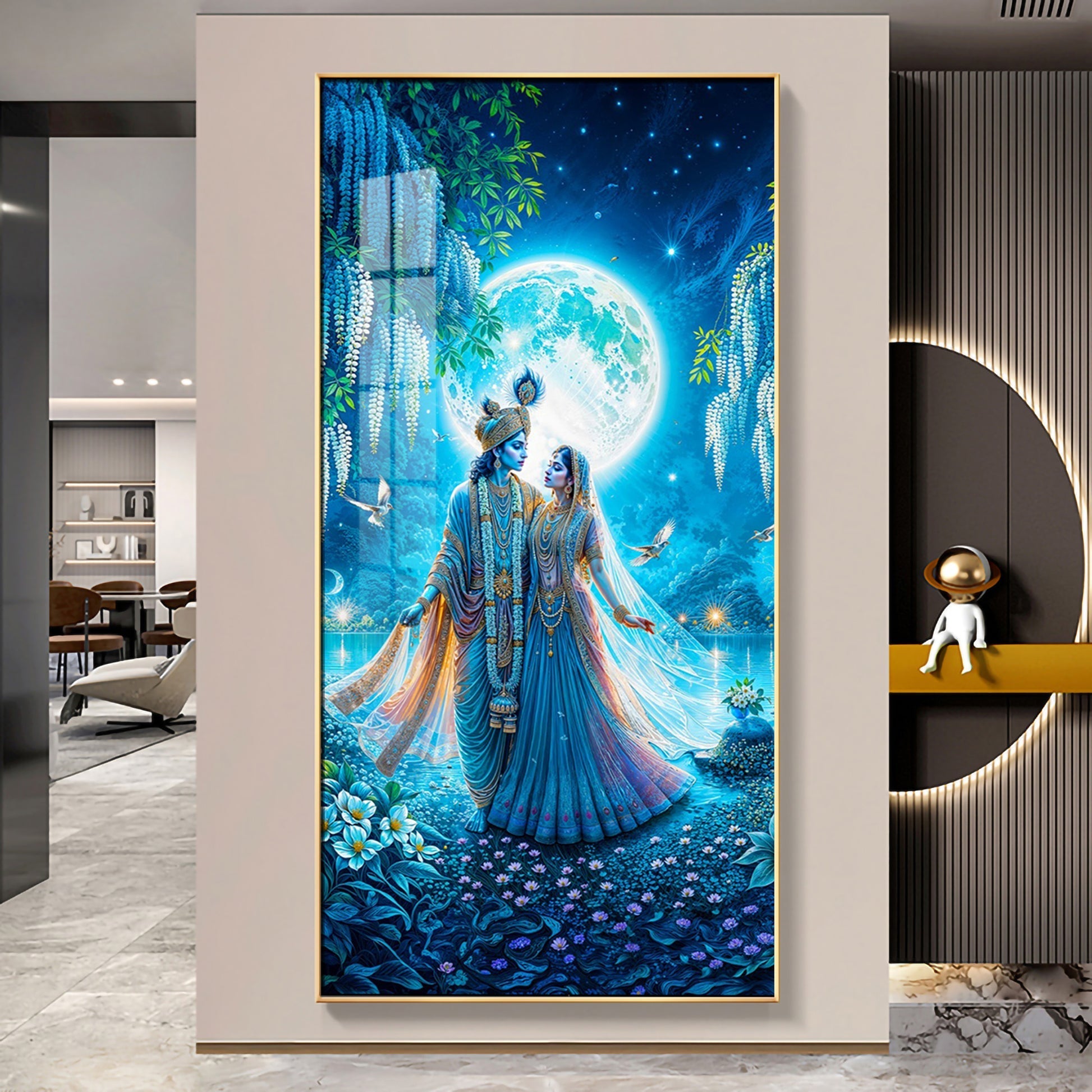 Romantic Radha Krishna Full Moon Landscape Acrylic Wall Painting for Wall Art