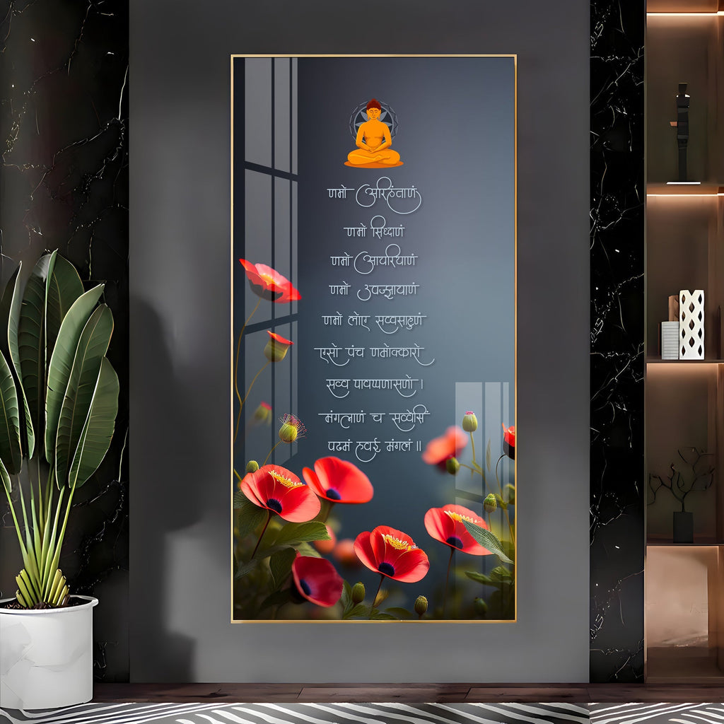 Spiritual Buddha Quotes with Red Flowers Acrylic Wall Painting for Living Room