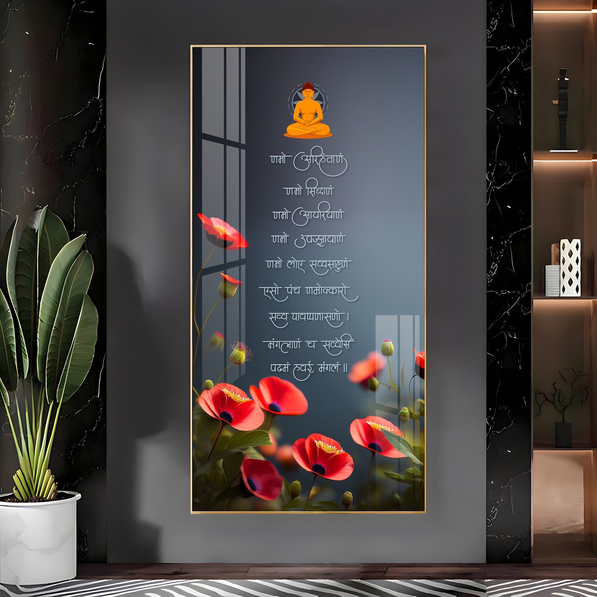Spiritual Buddha Quotes with Red Flowers Acrylic Wall Painting for Living Room